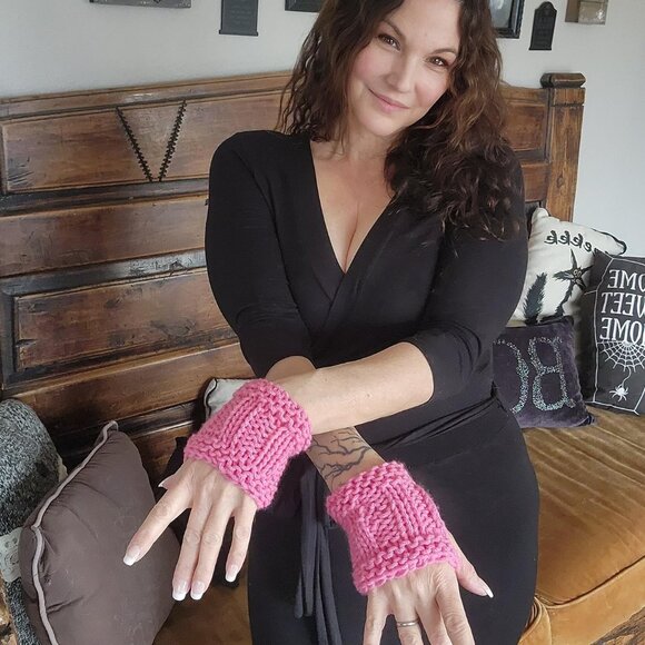 Hand Knit Fingerless Gloves, Armwarmers in Pink, One of a Kind - Picture 2 of 10